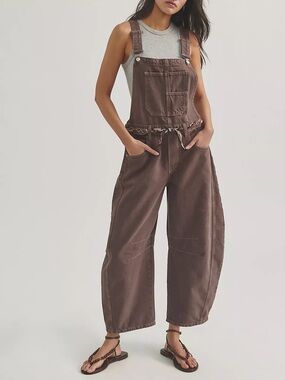 Free People We The Free Good Luck Barrel Jean Overalls Chocolate Mousse Brown